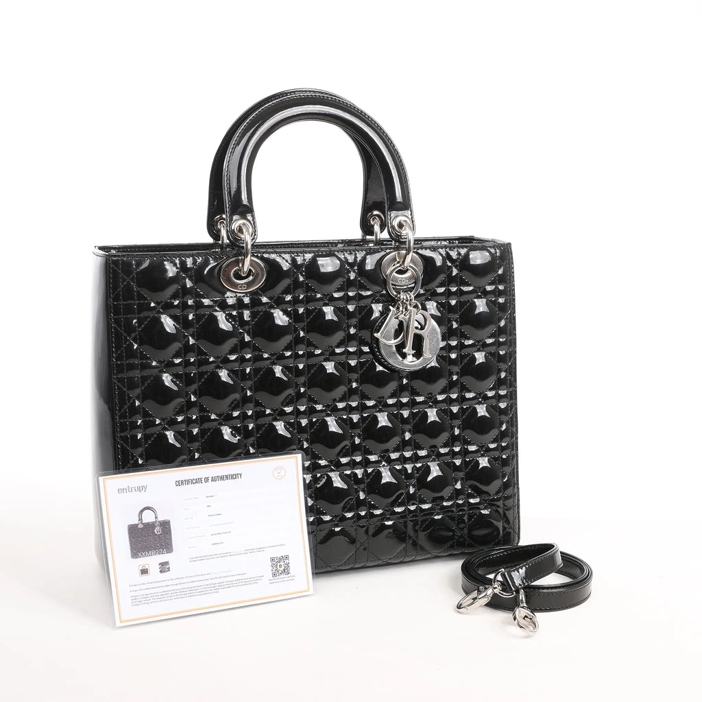 Dior Lady Dior Large Patent Leather Cannage 2Way Handbag in Black