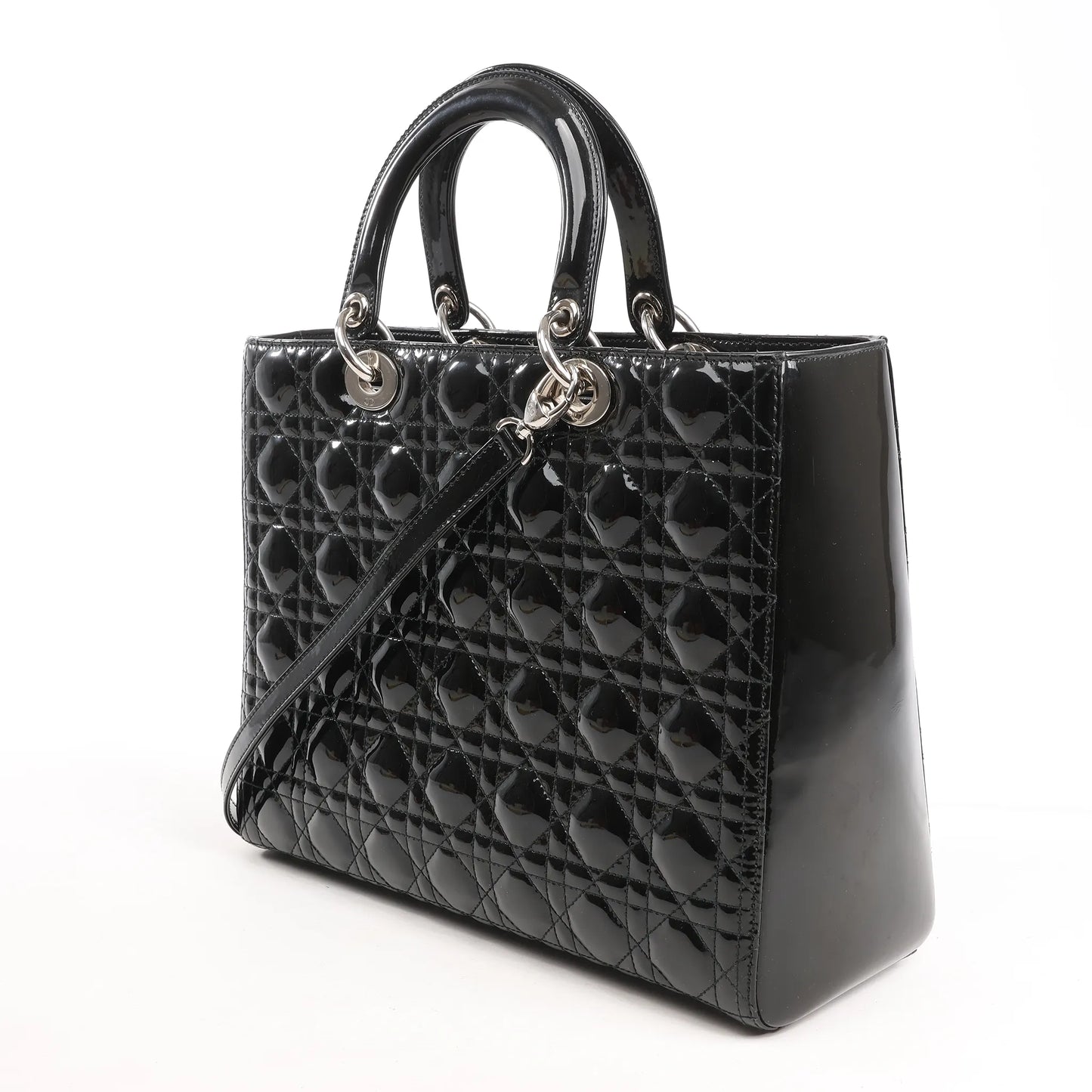 Dior Lady Dior Large Patent Leather Cannage 2Way Handbag in Black