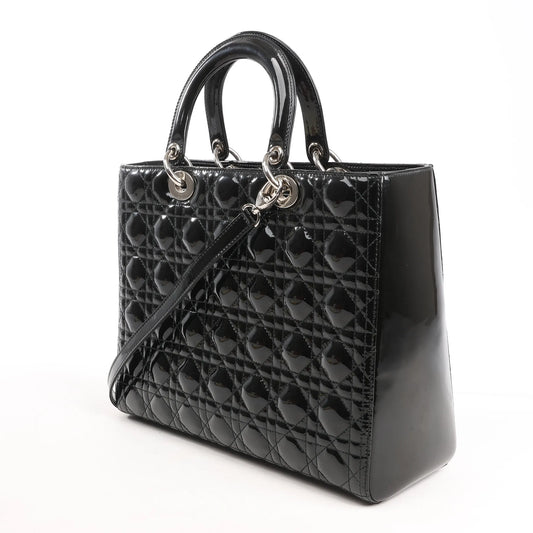 Dior Lady Dior Large Patent Leather Cannage 2Way Handbag in Black