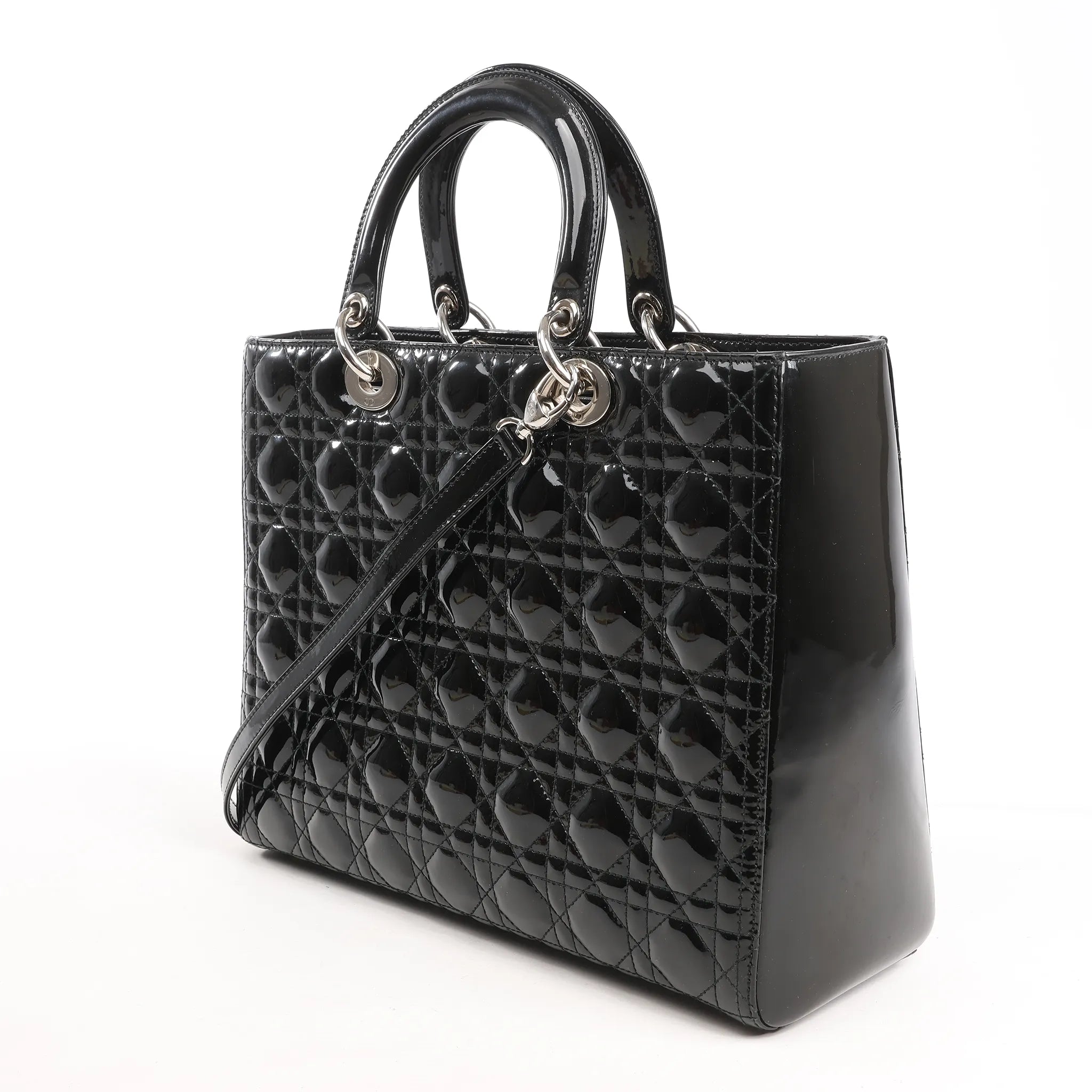 Dior Lady Dior Large Patent Leather Cannage 2Way Handbag in Black
