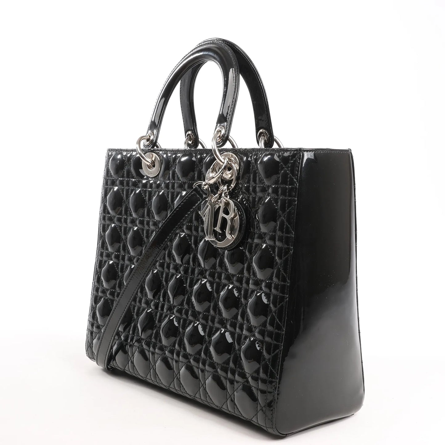 Dior Lady Dior Large Patent Leather Cannage 2Way Handbag in Black