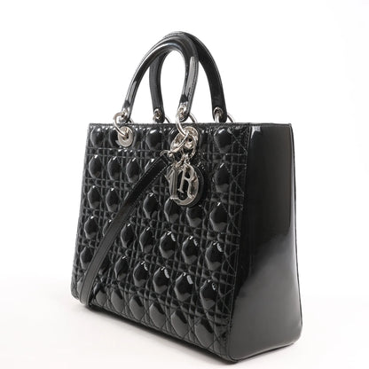 Dior Lady Dior Large Patent Leather Cannage 2Way Handbag in Black