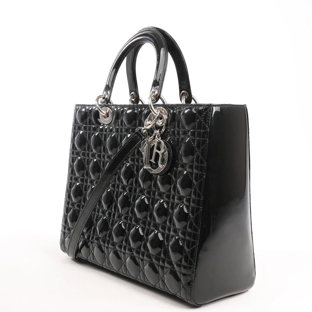 Dior Lady Dior Large Patent Leather Cannage 2Way Handbag in Black