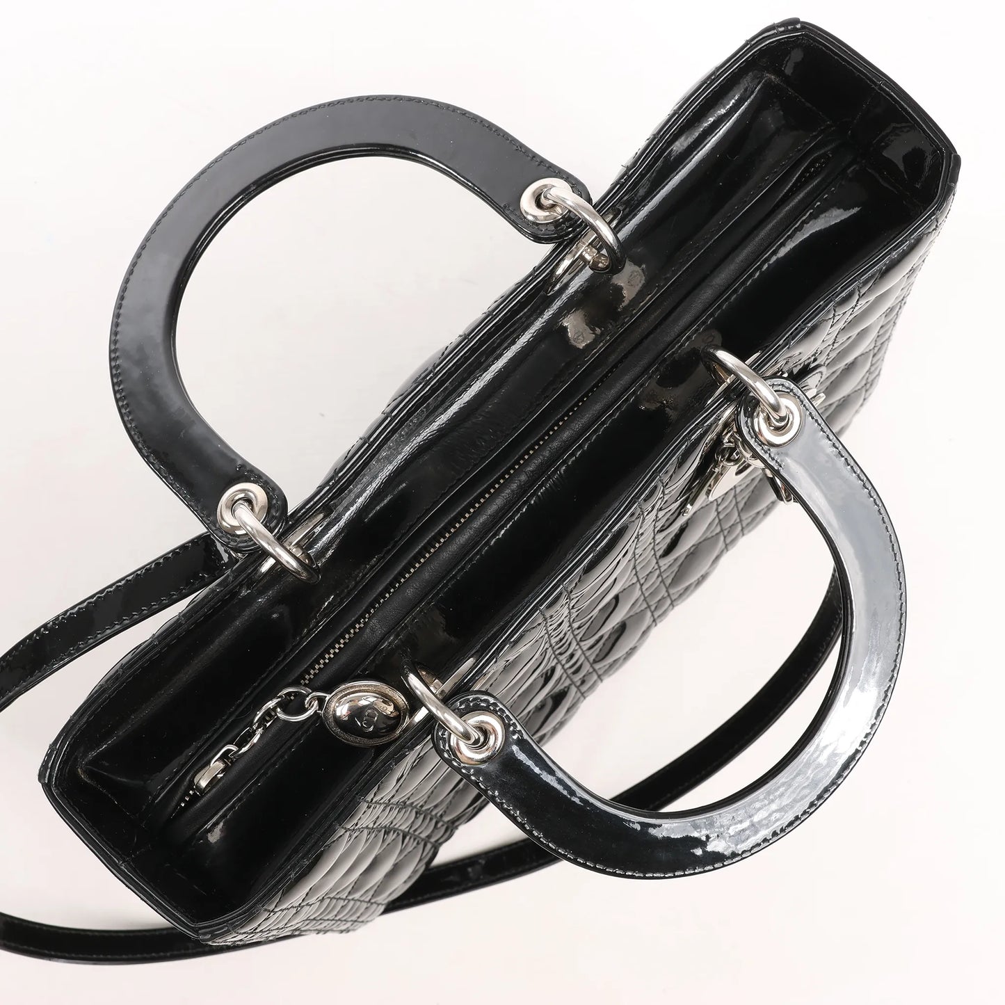 Dior Lady Dior Large Patent Leather Cannage 2Way Handbag in Black