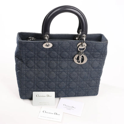 Dior Lady Dior Dennim x Leather Cannage Large Handbag in Navy Blue