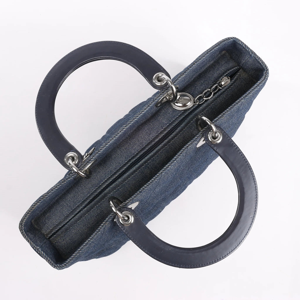 Dior Lady Dior Dennim x Leather Cannage Large Handbag in Navy Blue