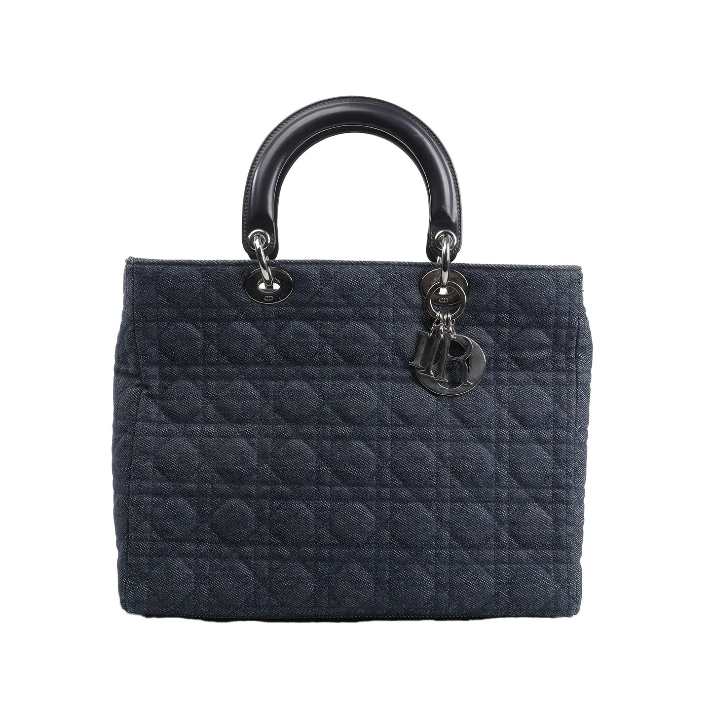 Dior Lady Dior Large Handbag in blue denim with signature Cannage quilted stitching, black leather top handles, and silver-tone hardware including dangling Dior letter charms, displayed against a white background.