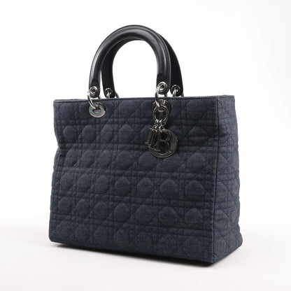 Dior Lady Dior Dennim x Leather Cannage Large Handbag in Navy Blue