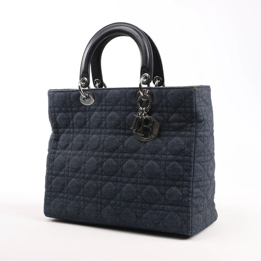 Dior Lady Dior Dennim x Leather Cannage Large Handbag in Navy Blue