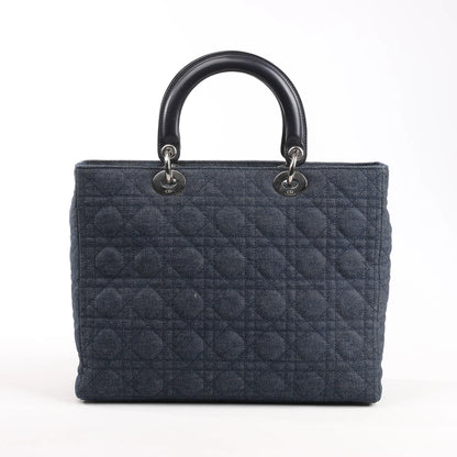 Dior Lady Dior Dennim x Leather Cannage Large Handbag in Navy Blue