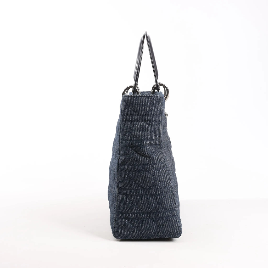 Dior Lady Dior Dennim x Leather Cannage Large Handbag in Navy Blue