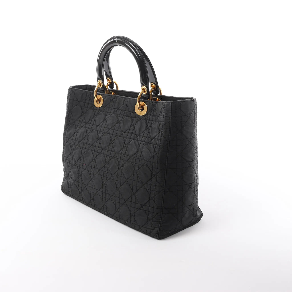 Dior Lady Dior Large Cannage Nylon x Patent Leather 2Way Handbag in Black