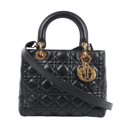 Christian Dior Lady Dior Cannage Leather Medium 2Way Handbag in Black