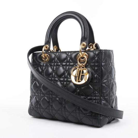 Christian Dior Lady Dior Cannage Leather Medium 2Way Handbag in Black