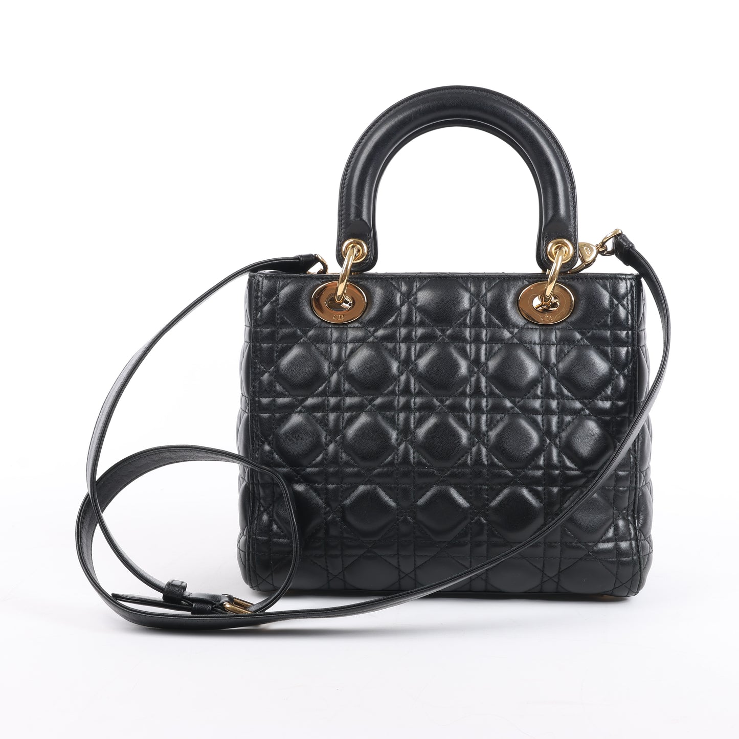 Sac à main Christian Dior Lady Dior Cannage en cuir noir, taille moyenne, 2 voies