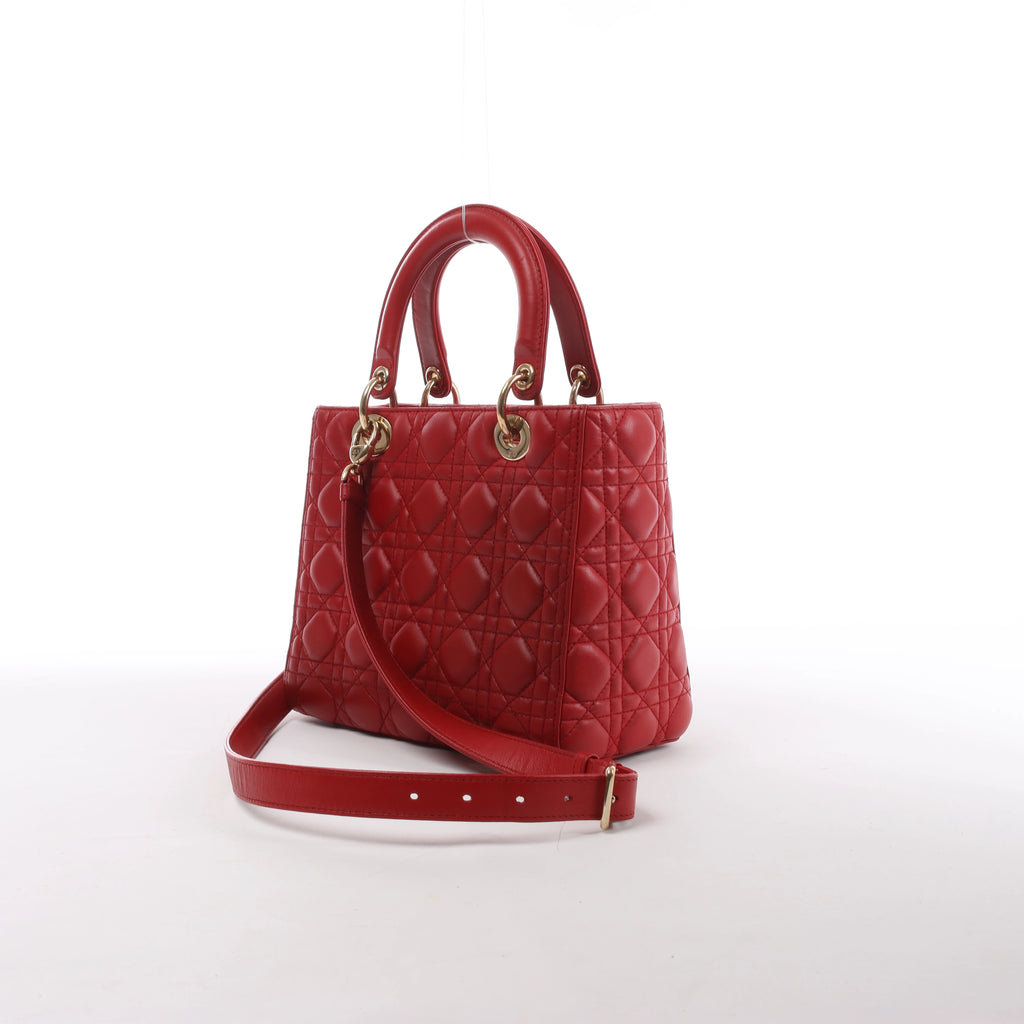 Dior Lady Dior Cannage Leather 2Way Handbag Red