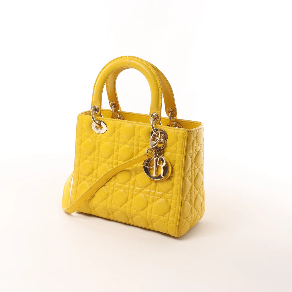 Dior Lady Dior Cannage Leather 2Way Handbag in Yellow