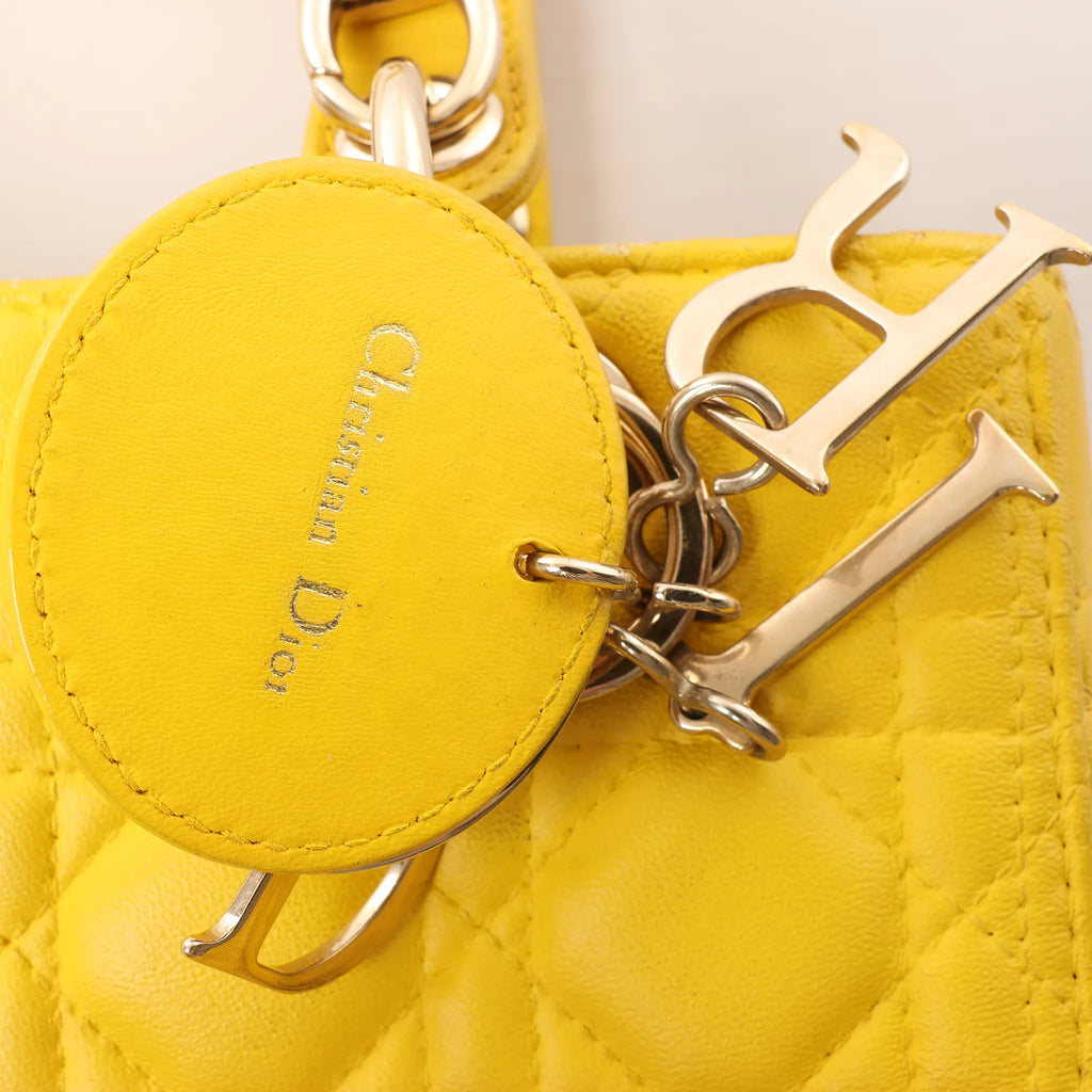 Dior Lady Dior Cannage Leather 2Way Handbag in Yellow