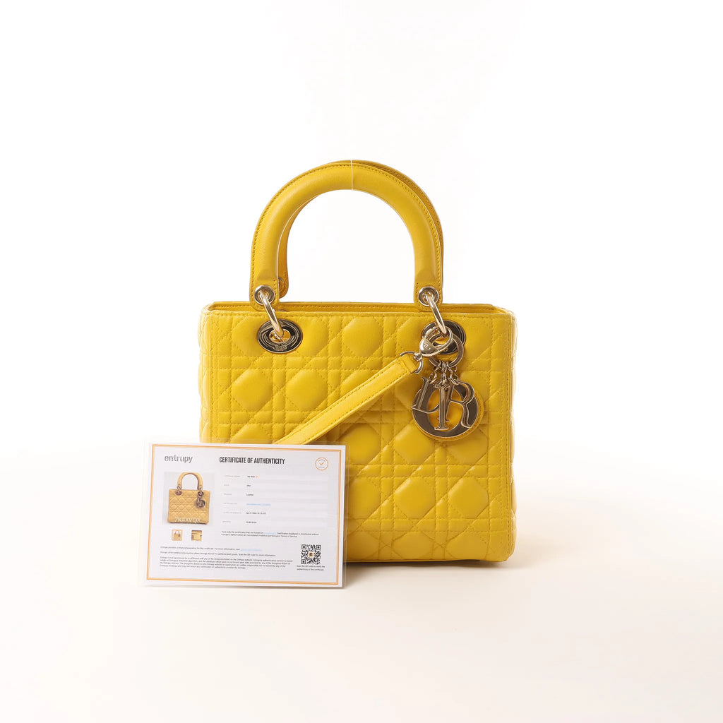 Dior Lady Dior Cannage Leather 2Way Handbag in Yellow