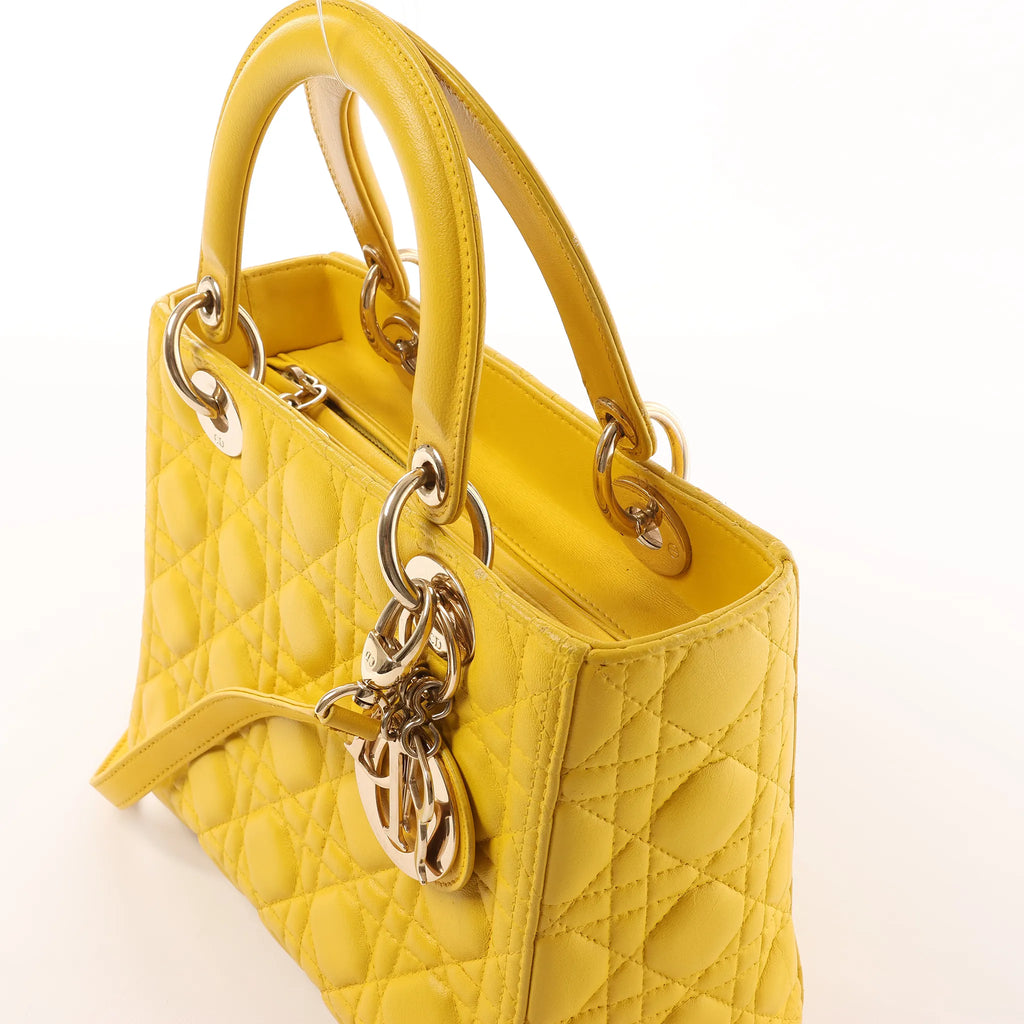 Dior Lady Dior Cannage Leather 2Way Handbag in Yellow