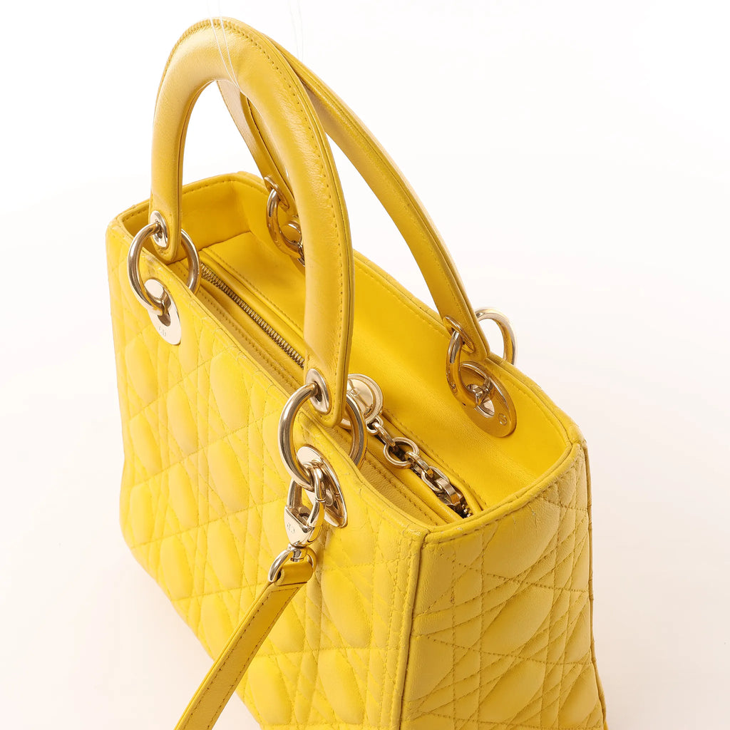 Dior Lady Dior Cannage Leather 2Way Handbag in Yellow