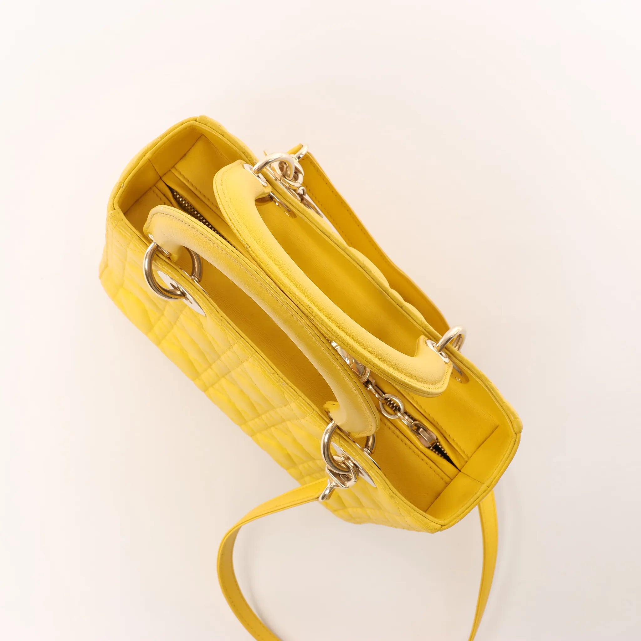 Dior Lady Dior Cannage Leather 2Way Handbag in Yellow