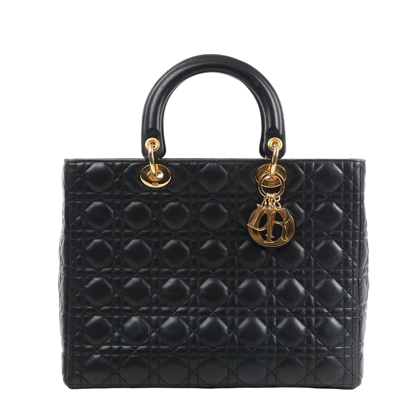 Front view of the Dior Lady Dior Large Cannage Leather Handbag in black, featuring soft quilted leather with signature cannage pattern, structured top handles, and gold-tone hardware with Dior letter charms, displayed against a white background.