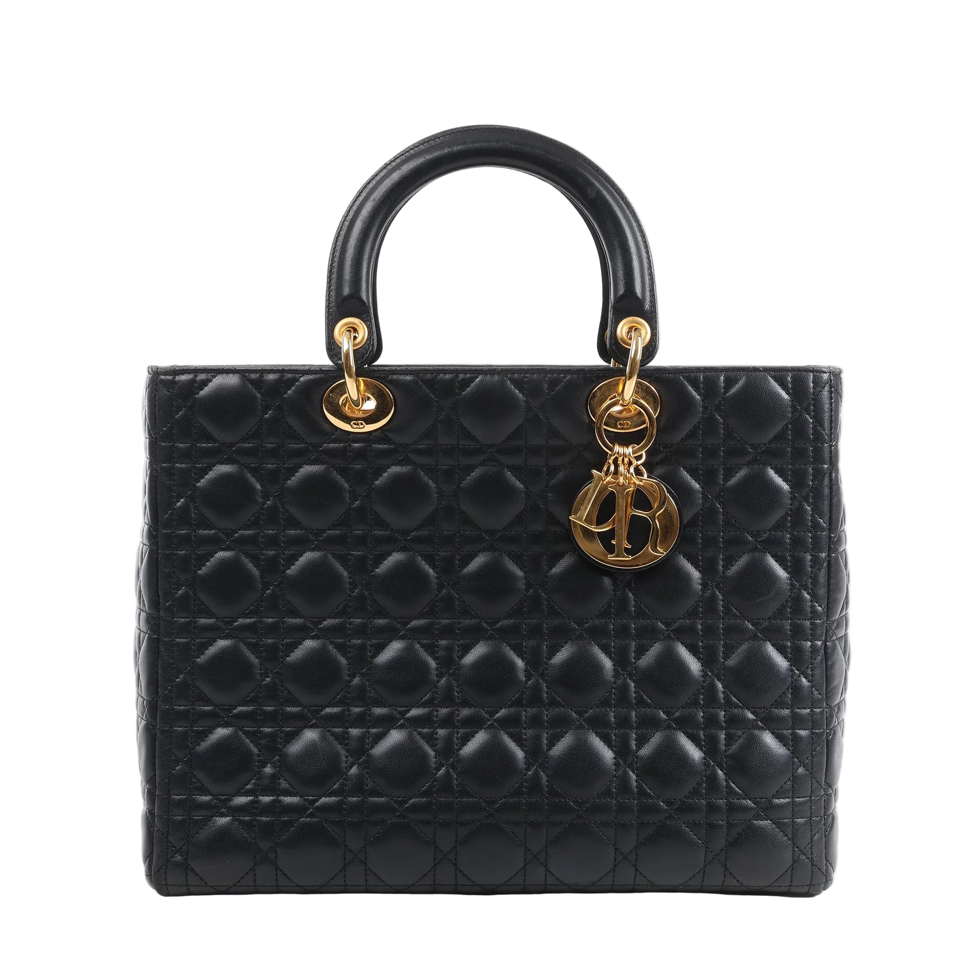 Front view of the Dior Lady Dior Large Cannage Leather Handbag in black, featuring soft quilted leather with signature cannage pattern, structured top handles, and gold-tone hardware with Dior letter charms, displayed against a white background.