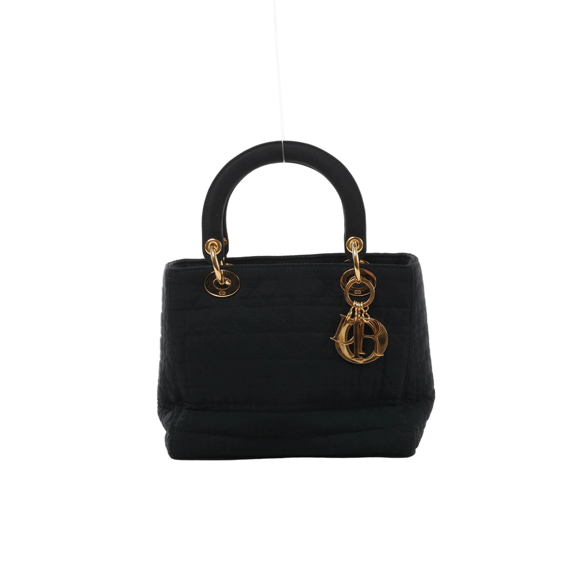 Front view of Christian Dior Lady Dior black nylon handbag with Cannage stitching, rounded top handles and gold-tone hardware and Dior letter charms.