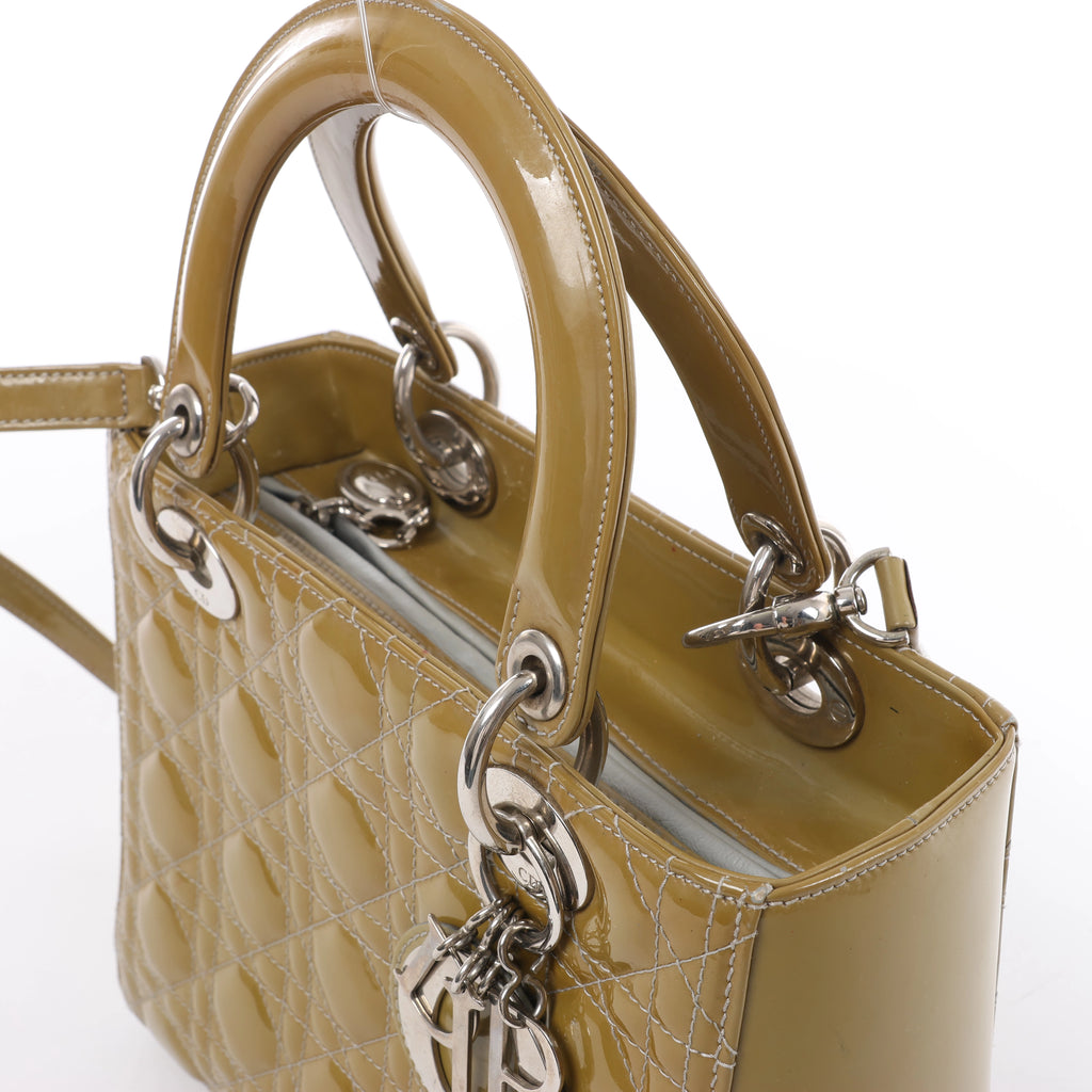 Christian Dior Lady Dior Cannage Patent Leather 2Way Handbag in Khaki