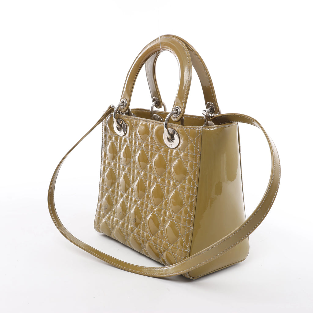Christian Dior Lady Dior Cannage Patent Leather 2Way Handbag in Khaki