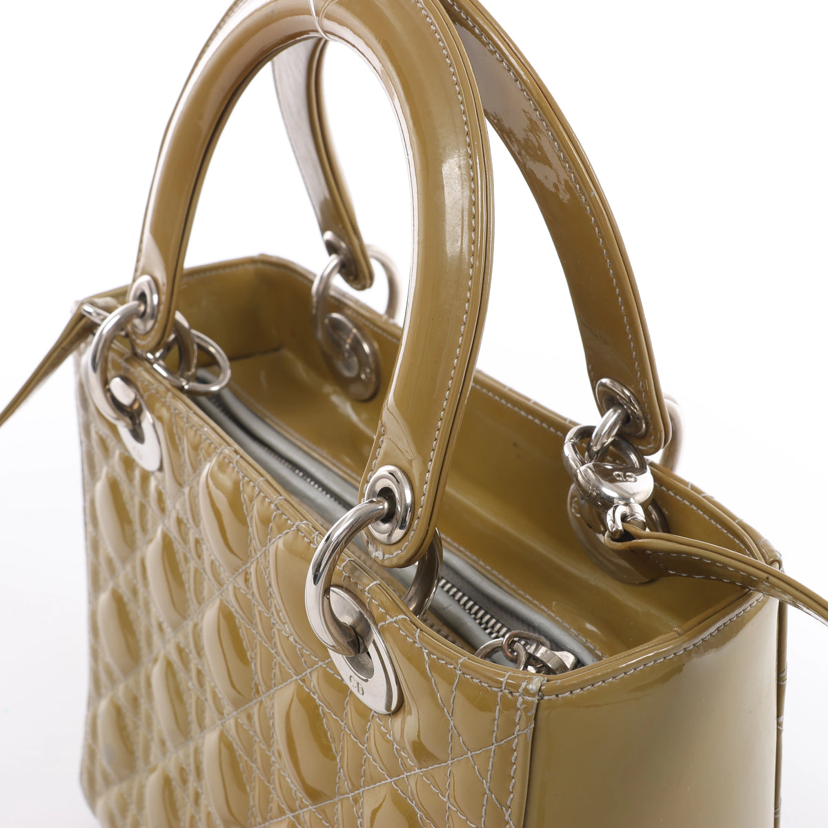 Christian Dior Lady Dior Cannage Patent Leather 2Way Handbag in Khaki