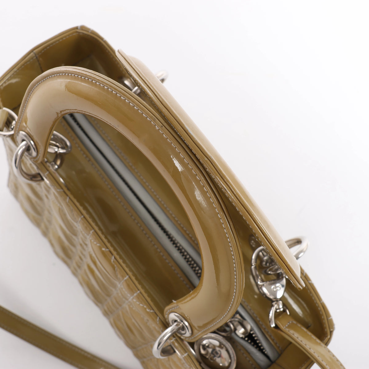 Christian Dior Lady Dior Cannage Patent Leather 2Way Handbag in Khaki