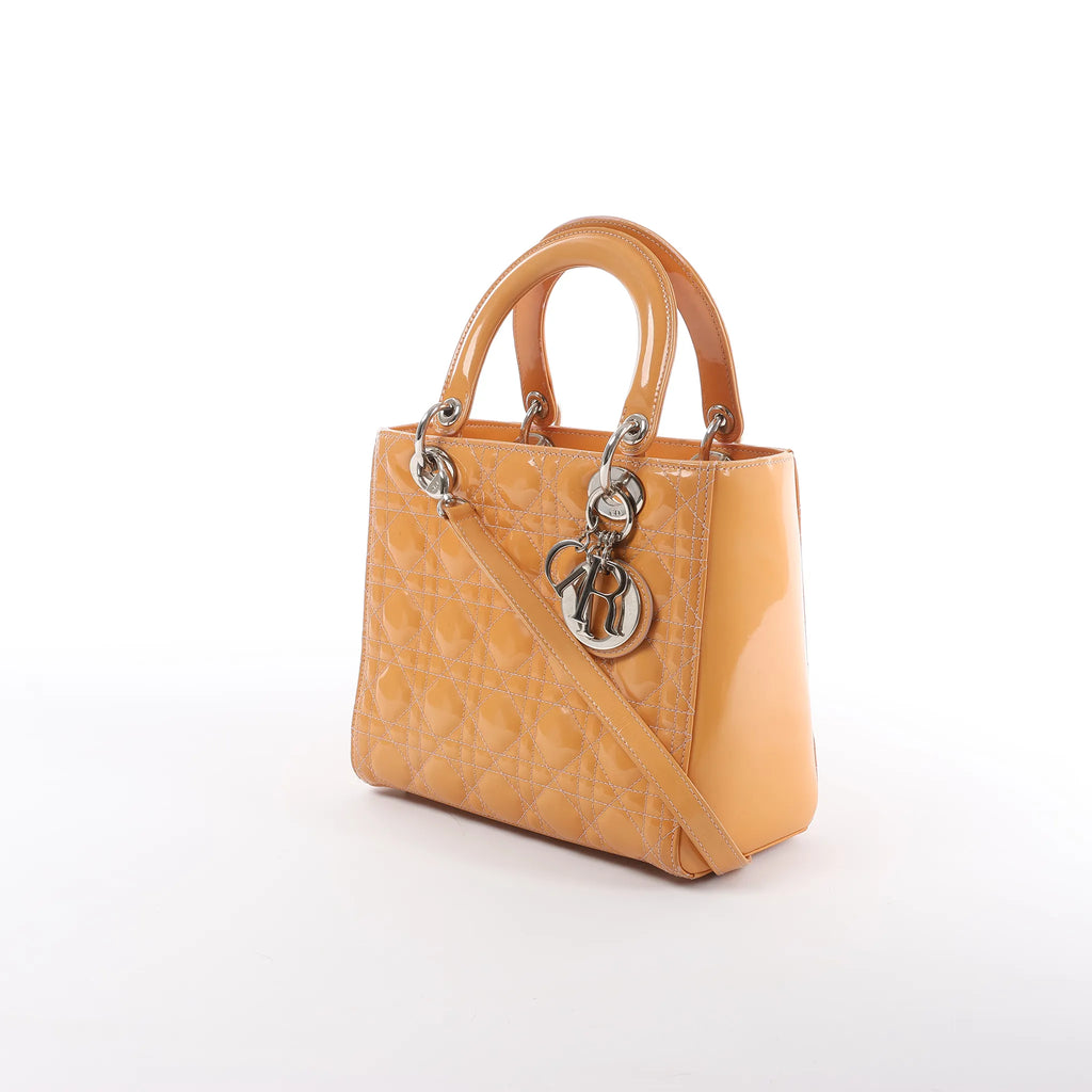 Dior Lady Dior Medium Cannage Patent Leather 2Way Handbag in Orange