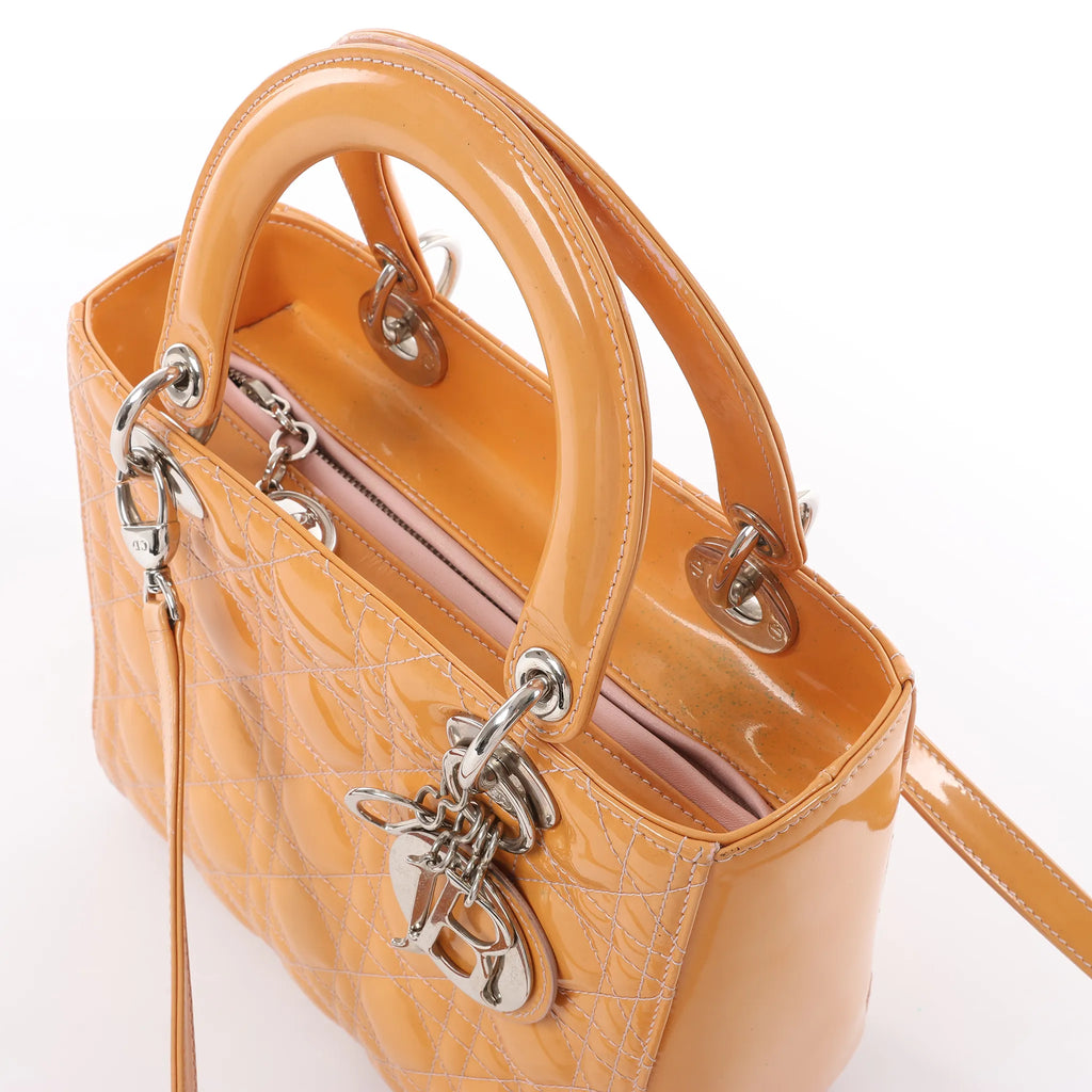 Dior Lady Dior Medium Cannage Patent Leather 2Way Handbag in Orange