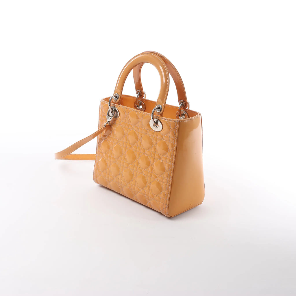 Dior Lady Dior Medium Cannage Patent Leather 2Way Handbag in Orange