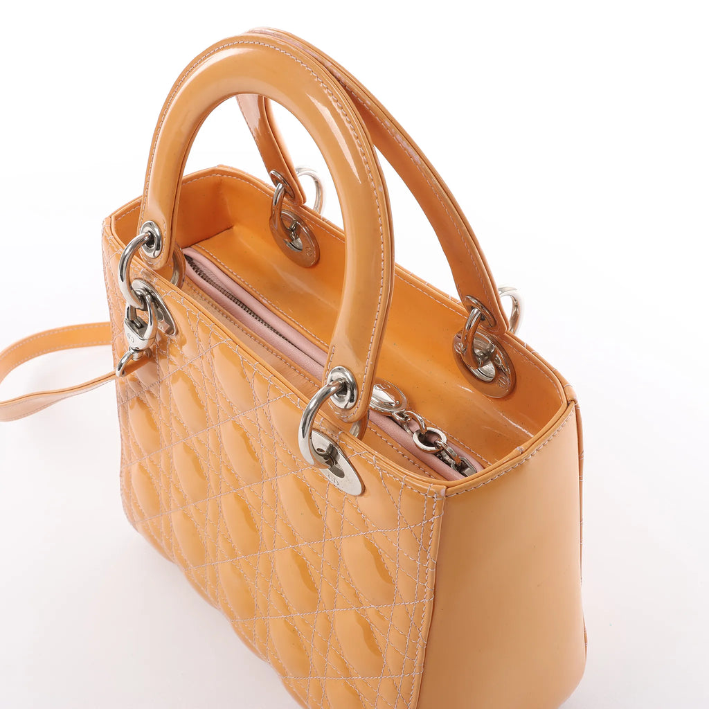 Dior Lady Dior Medium Cannage Patent Leather 2Way Handbag in Orange