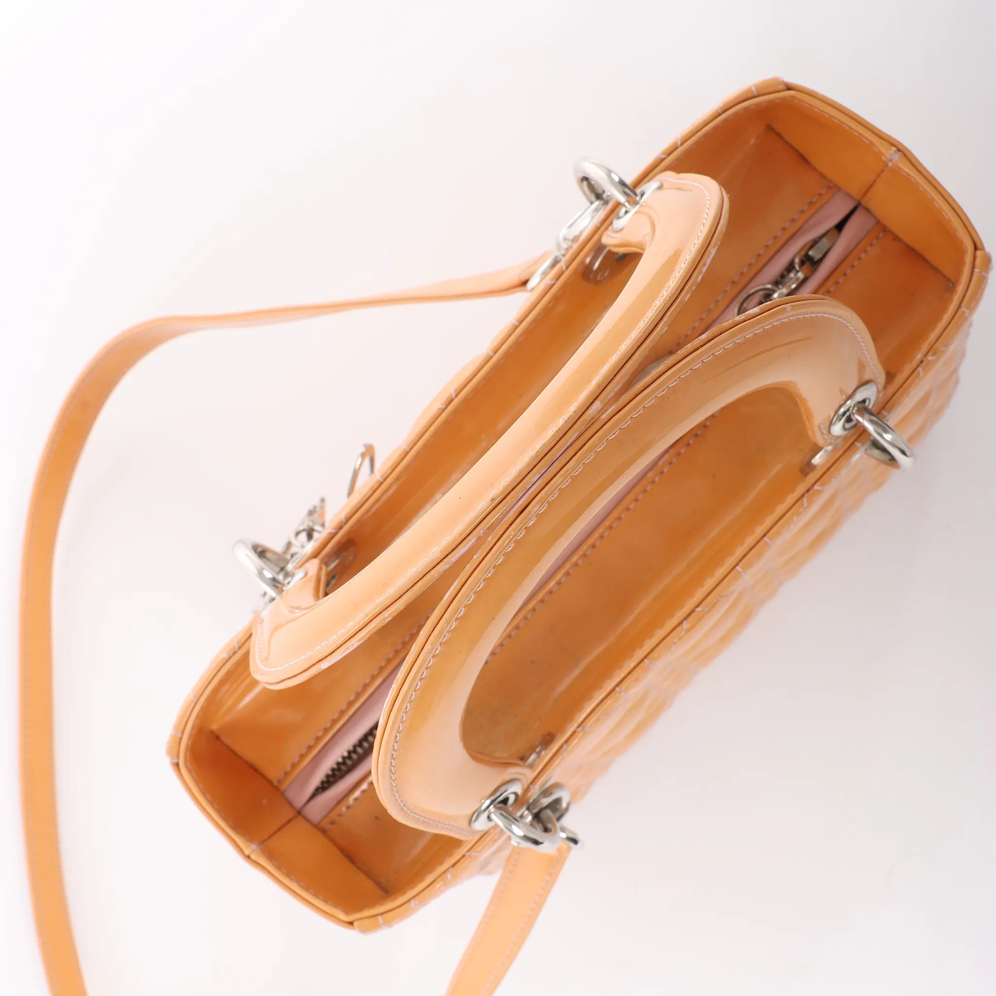 Dior Lady Dior Medium Cannage Patent Leather 2Way Handbag in Orange