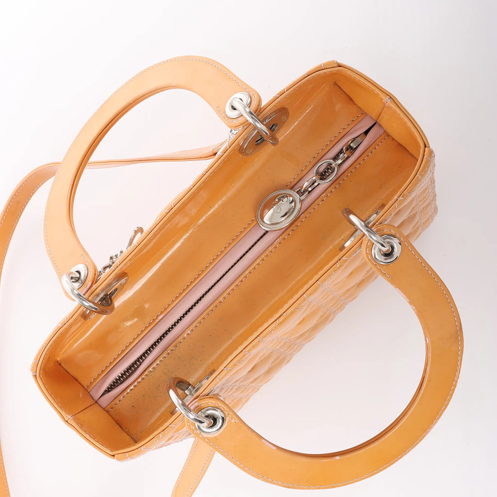 Dior Lady Dior Medium Cannage Patent Leather 2Way Handbag in Orange