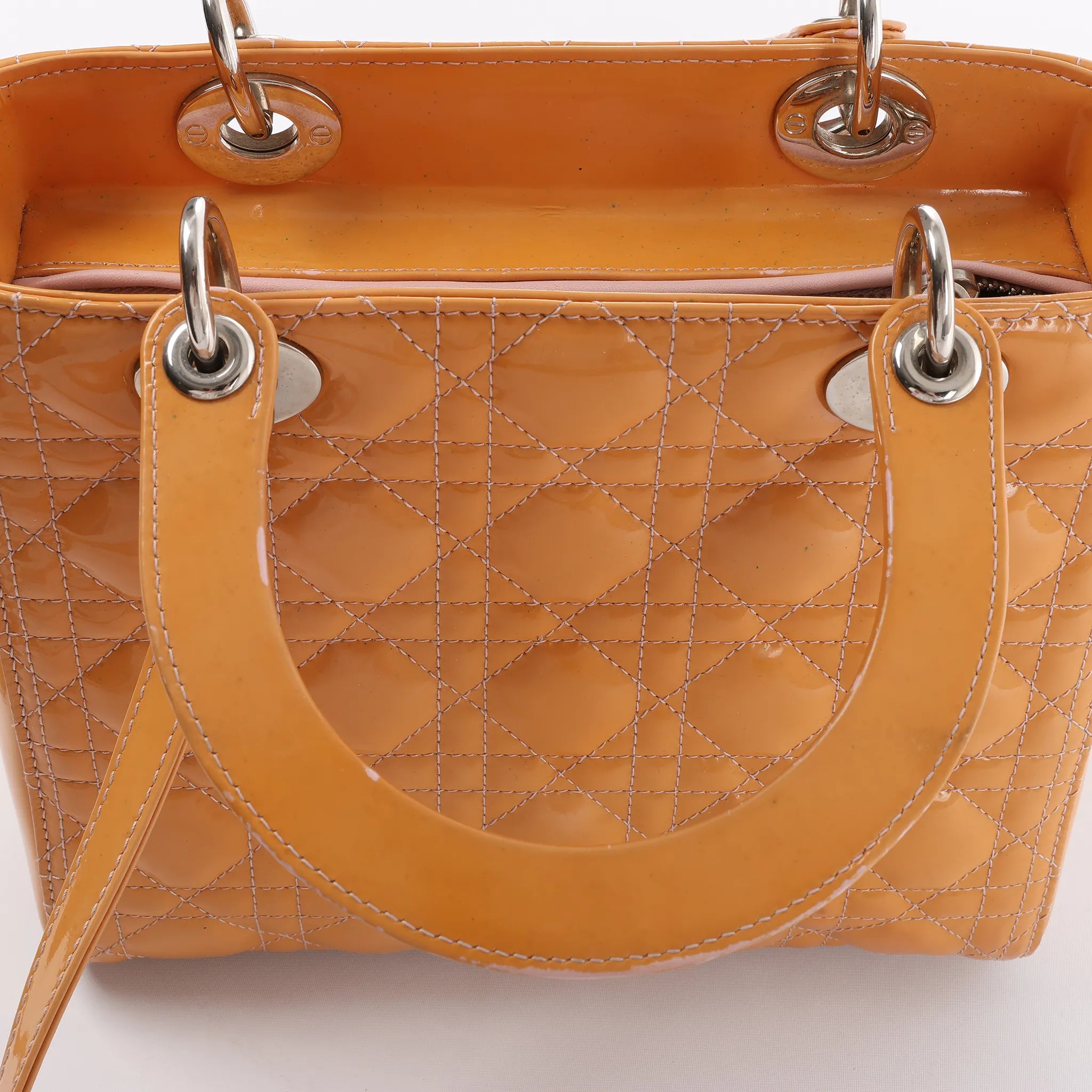 Dior Lady Dior Medium Cannage Patent Leather 2Way Handbag in Orange