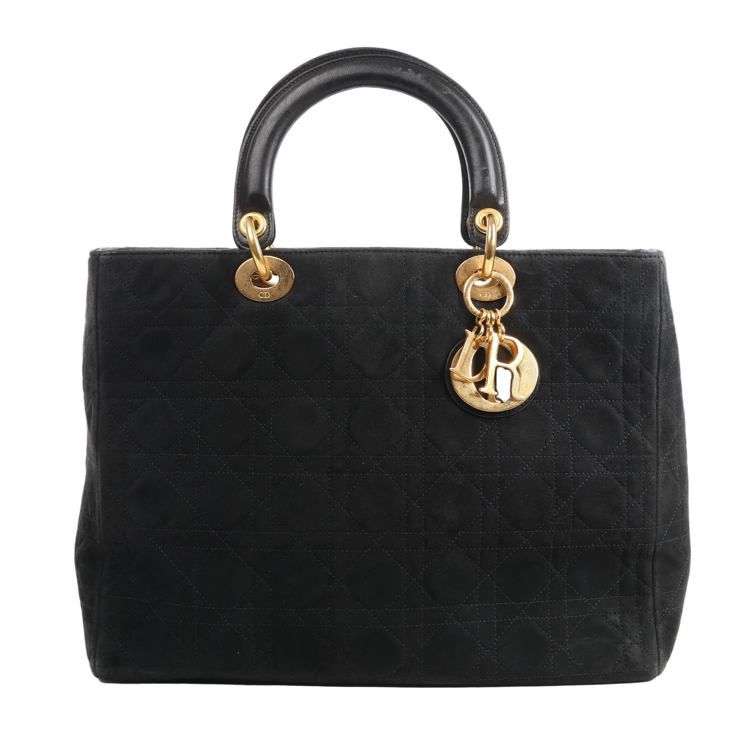 Dior Lady Dior Large 2Way Handbag in black suede with cannage stitching, black leather top handles, and gold-tone hardware including signature Dior letter charms, displayed against a white background.