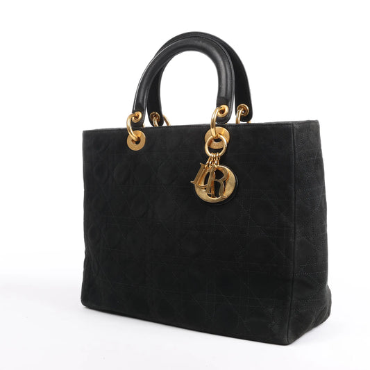 Dior Lady Dior Suede x Leather Cannage Large Handbag in Black