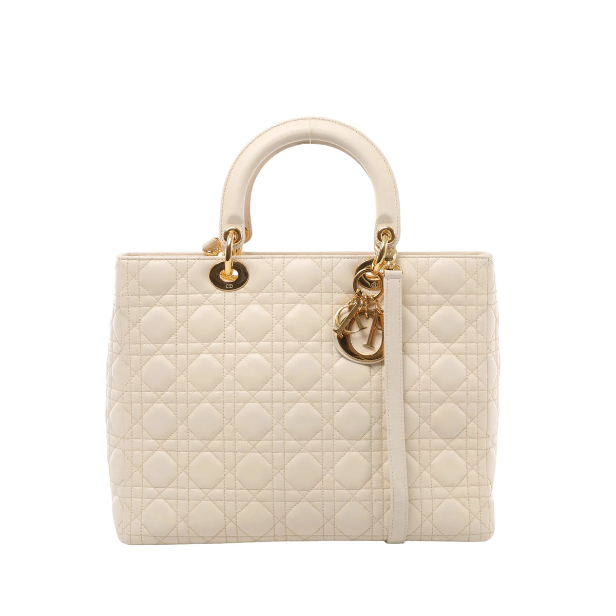 Beige Christian Dior Lady Dior Large leather handbag with Cannage quilting, rounded top handles, a matching shoulder strap and gold-tone Dior charms.