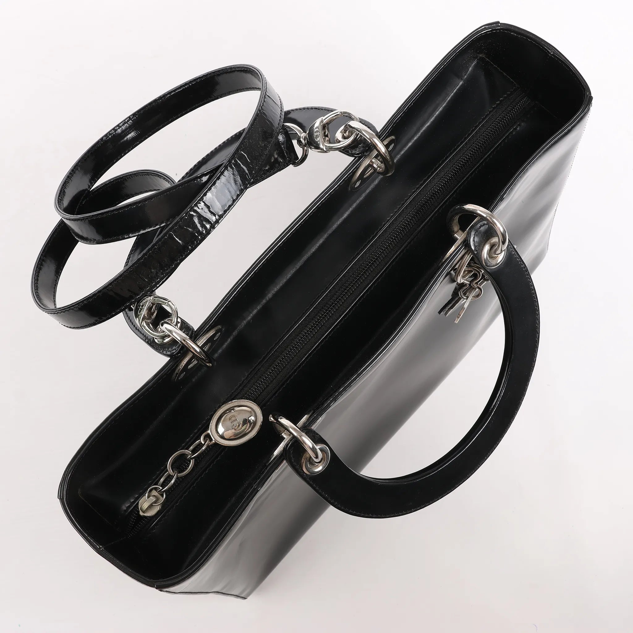 Dior Lady Dior Large Patent Leather 2Way Handbag in Black