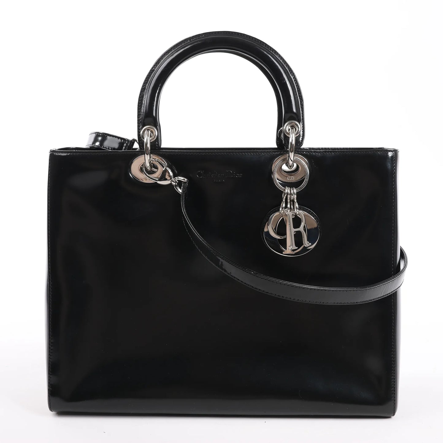 Dior Lady Dior Large Patent Leather 2Way Handbag in Black