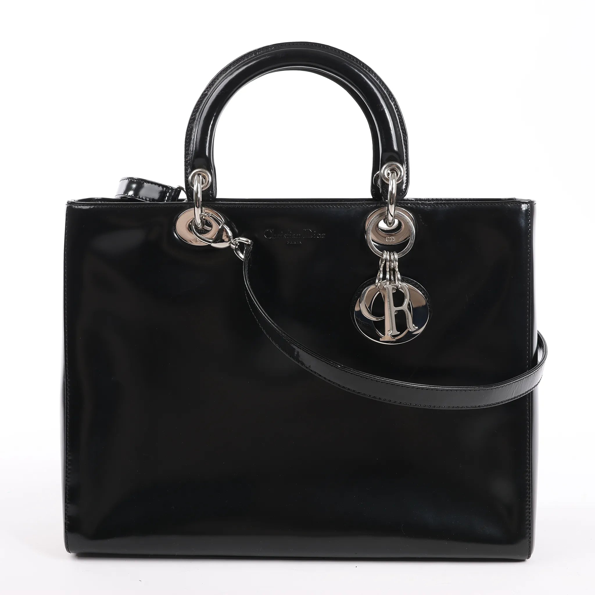 Dior Lady Dior Large Patent Leather 2Way Handbag in Black