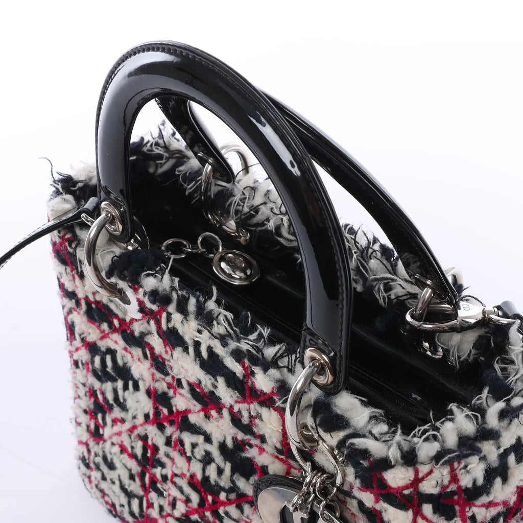 Dior Lady Dior Medium Tweed x Patent Leather 2Way Handbag in Black