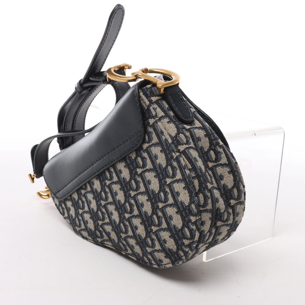 Christian Dior Saddle Mini Oblique x Leather Crossvody Bag in Navy Blue