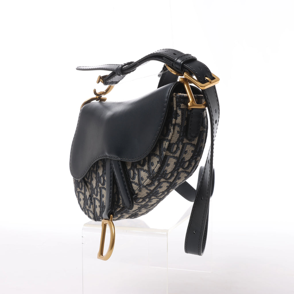 Christian Dior Saddle Mini Oblique x Leather Crossvody Bag in Navy Blue