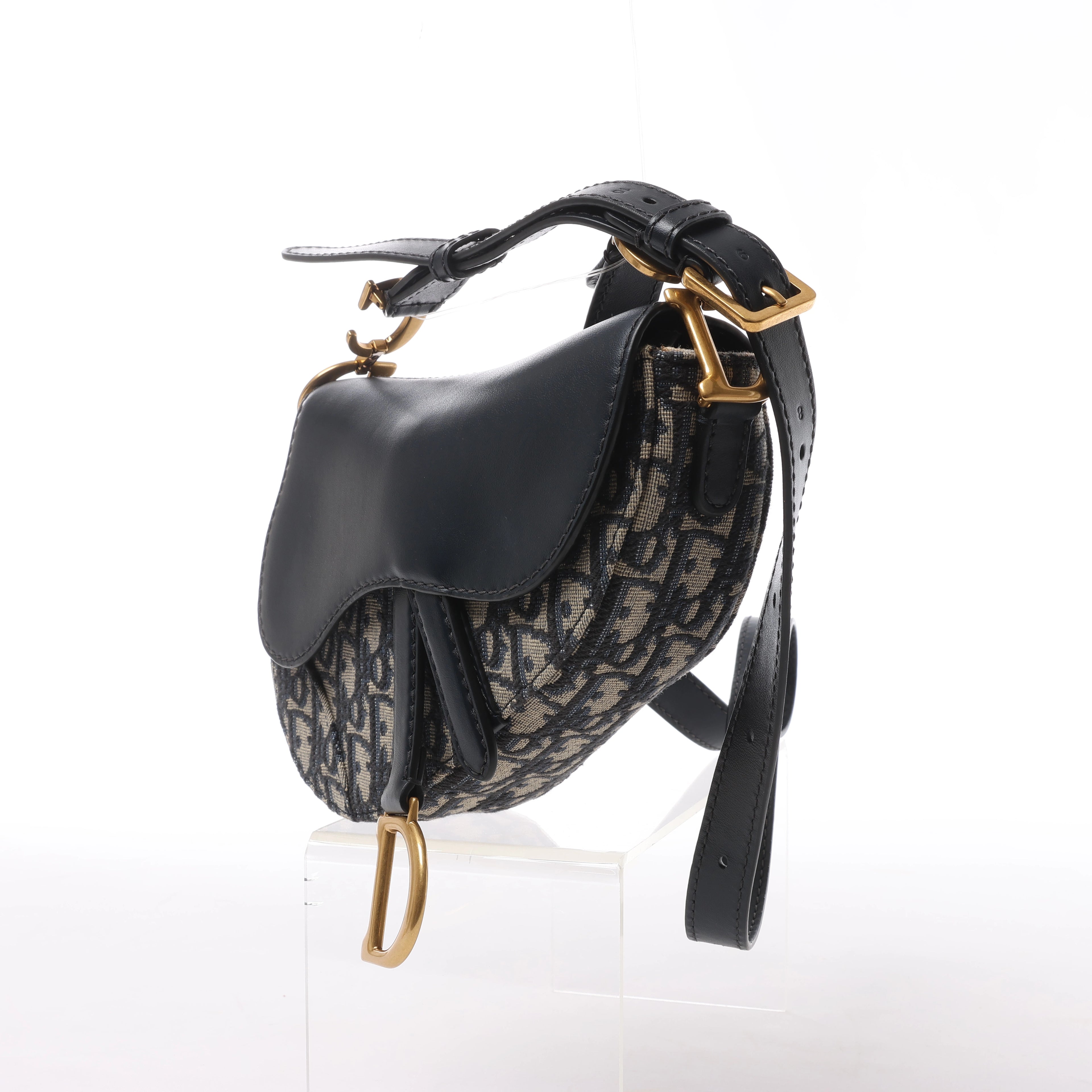 Christian Dior Saddle Mini Oblique x Leather Crossvody Bag in Navy Blue